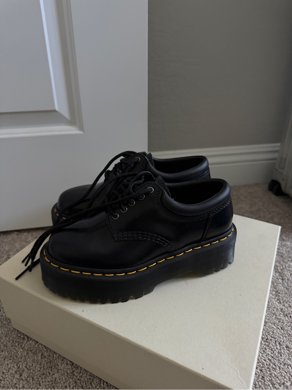 Dr. Martens Black Lace-Up Platform Boots with Yellow Stitching - Picture 2 of 4